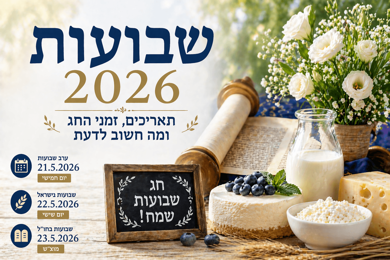 שבועות 2026: תאריכים, זמני החג ומה חשוב לדעת